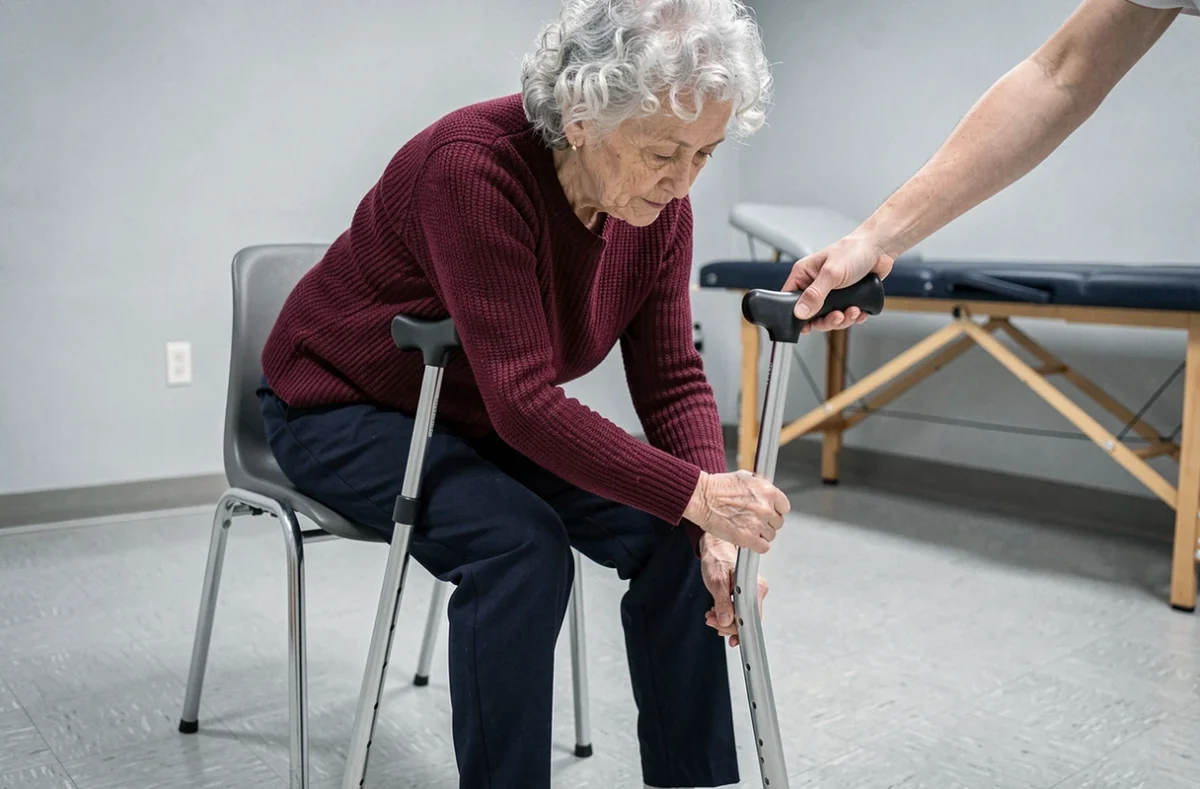 Femme senior apprenant à se lever d'une chaise avec une béquille sous la supervision d'un kinésithérapeute
