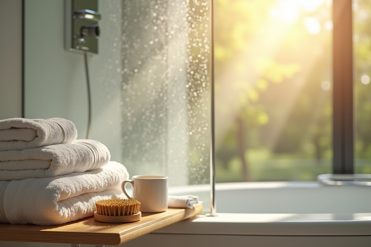Serviettes moelleuses brosse en bois et tasse de tisane