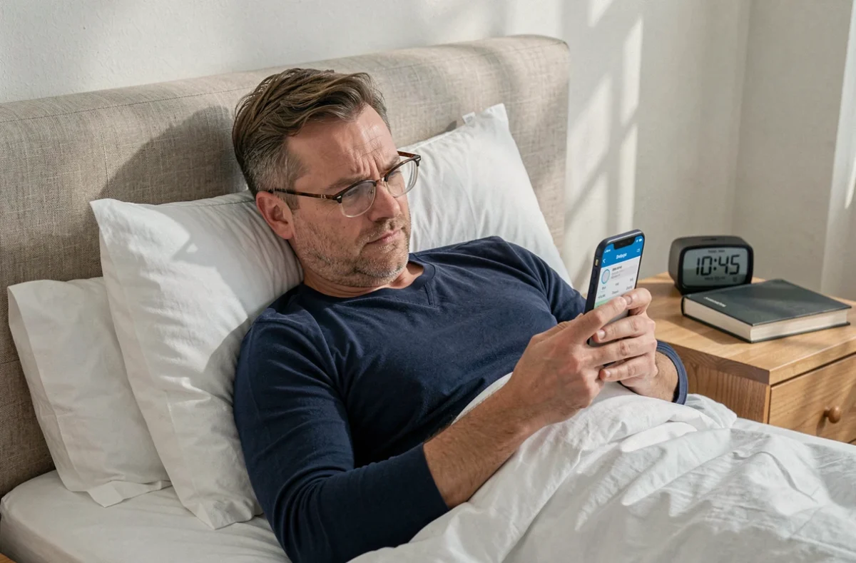 Homme au lit consultant une application de simulation de cycles de sommeil sur smartphone le soir