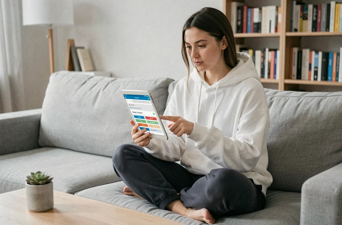 Jeune femme sur un canapé analysant un simulateur de temps de sommeil sur tablette dans un salon moderne