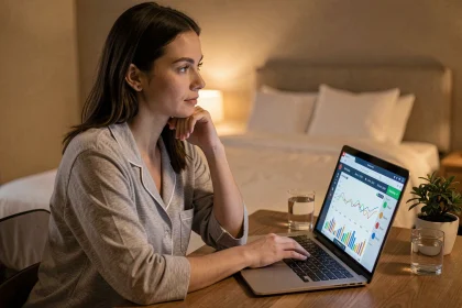 Femme en pyjama consultant un simulateur de temps de sommeil sur ordinateur portable dans sa chambre