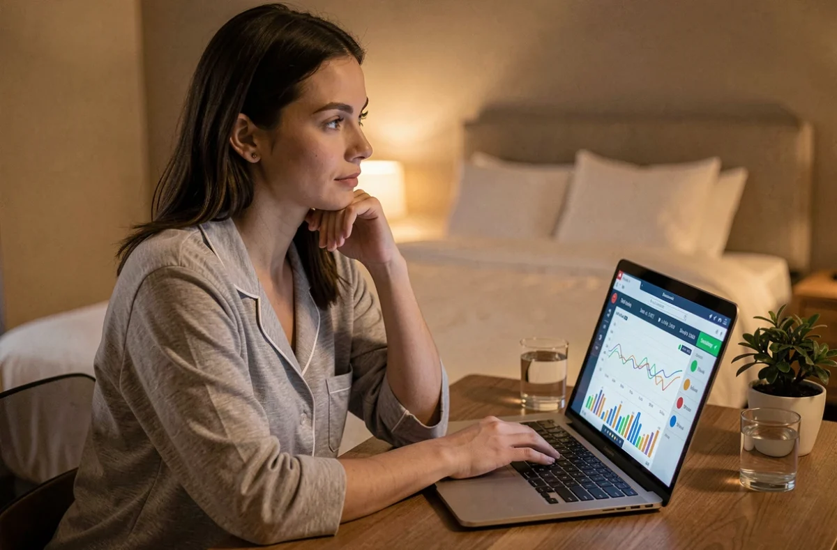 Femme en pyjama consultant un simulateur de temps de sommeil sur ordinateur portable dans sa chambre