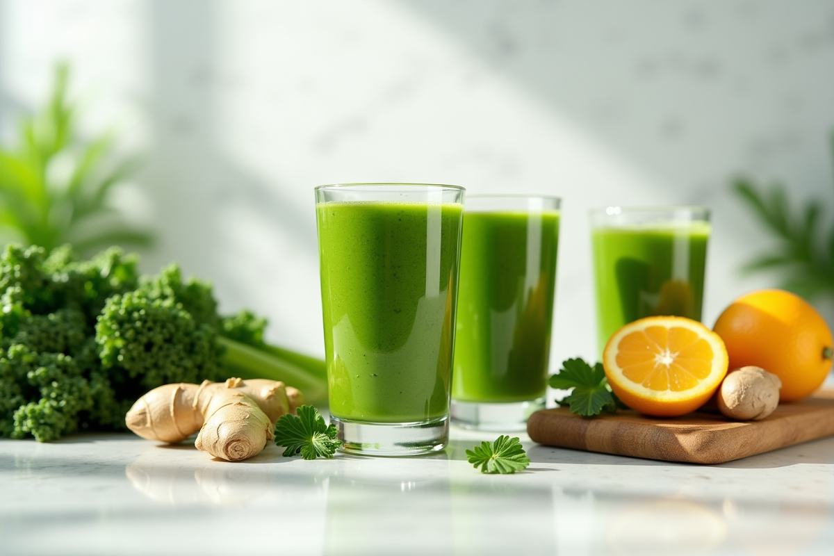 Smoothies verts et tisanes aux herbes avec fruits frais