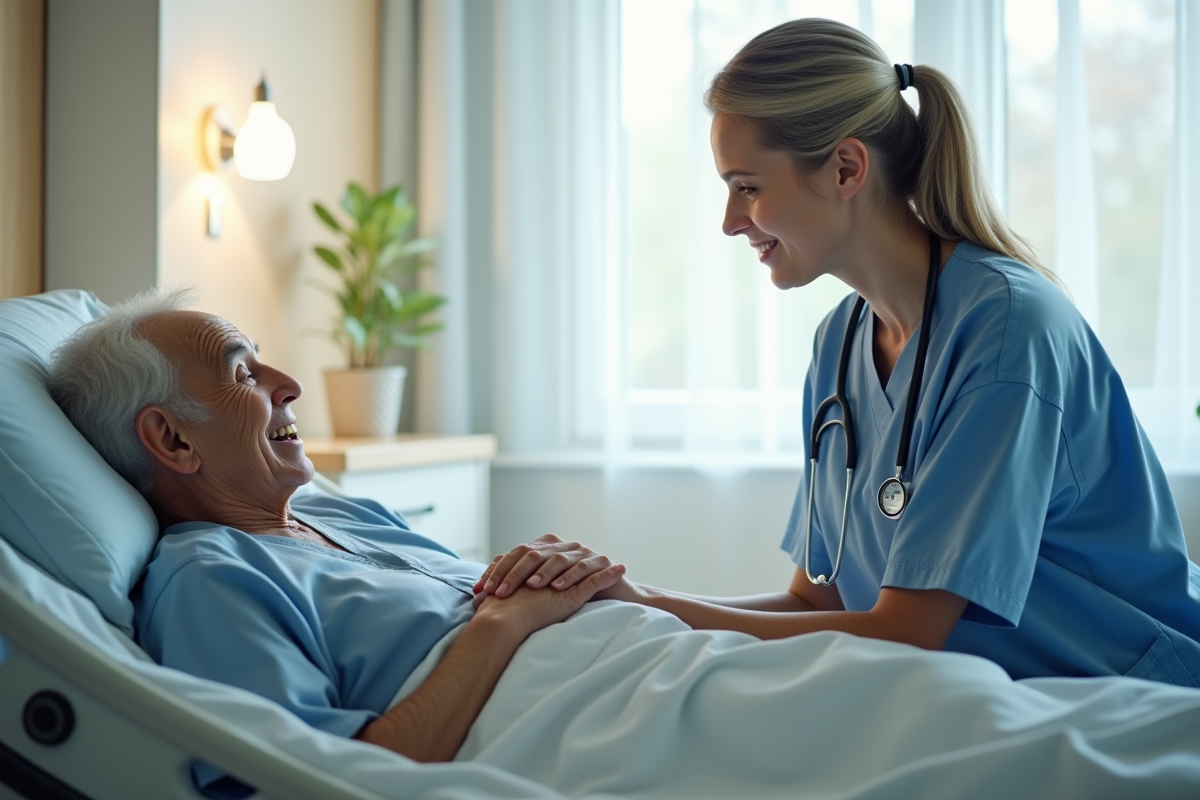 Soignant empathique auprès d'un patient âgé au lit