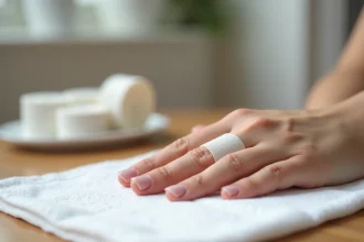Doigt bandé avec compresse stérile après arrachement d'ongle, soins à domicile pour éviter l'infection
