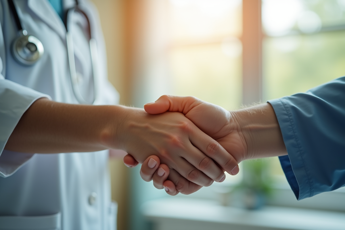 Infirmière douce tenant la main d'un patient âgé dans une salle lumineuse
