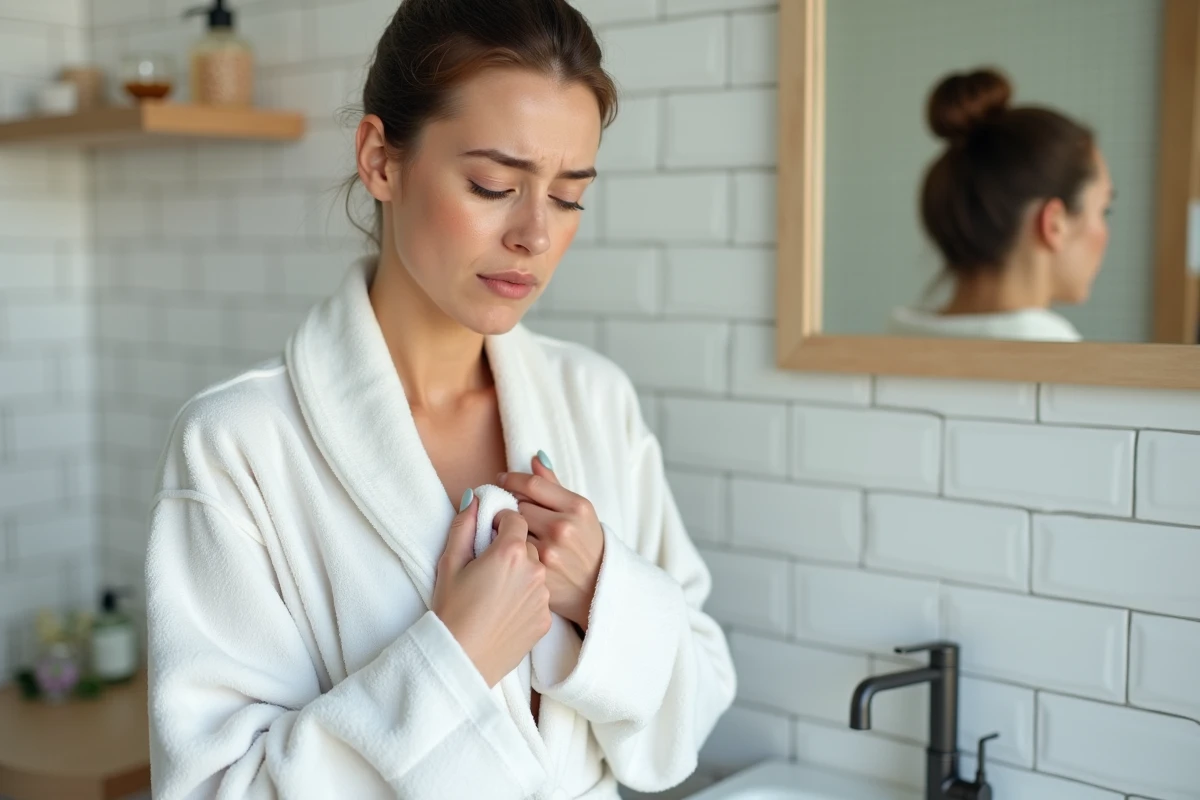 Femme appliquant une compresse froide sur la poitrine dans une salle de bain pour soulager la montée de lait après l'accouchement