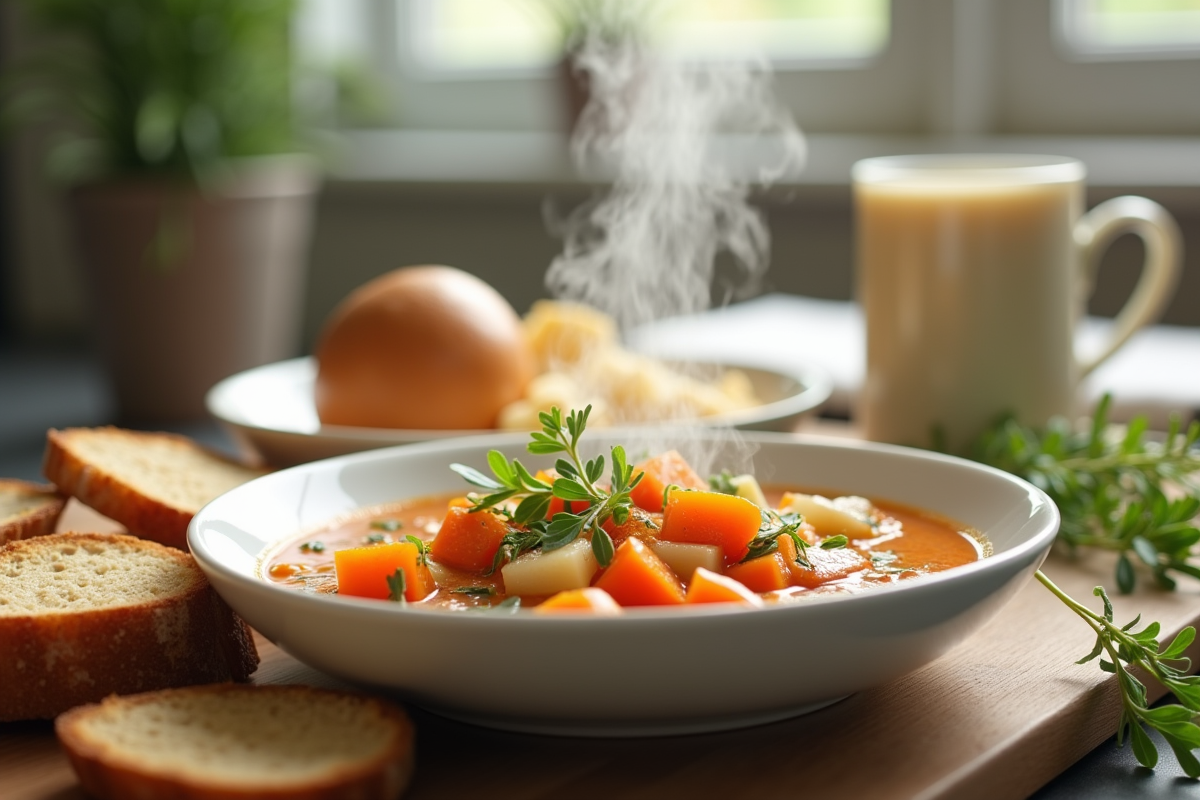 Soupe de légumes légère avec toast et herbes fraîches