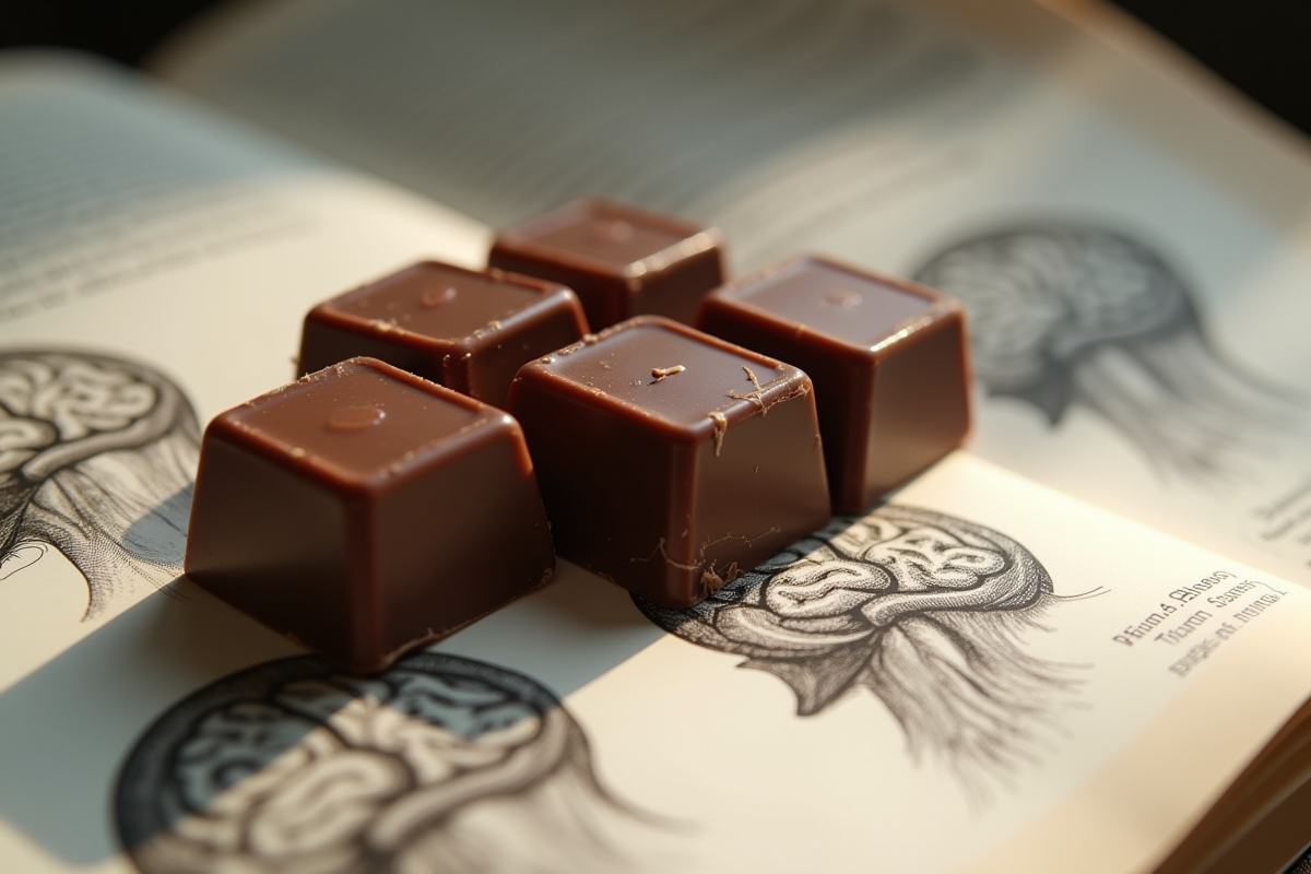 Carrés de chocolat sur un livre avec illustrations du cerveau en gros plan