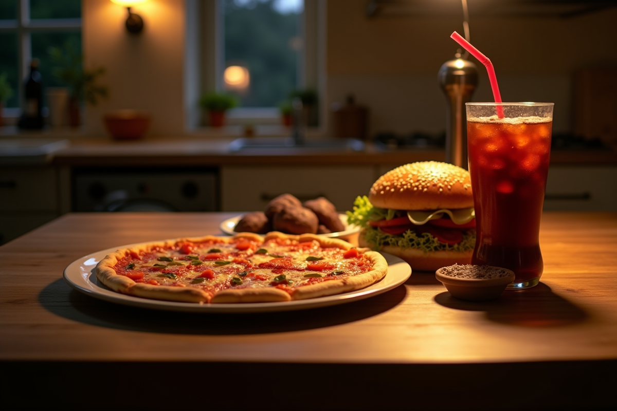 Table de soirée avec pizza burger chocolat et soda