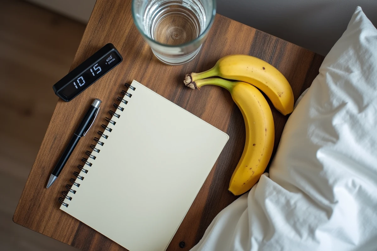 Table de nuit avec une banane, un verre d'eau et un journal dans une chambre à coucher