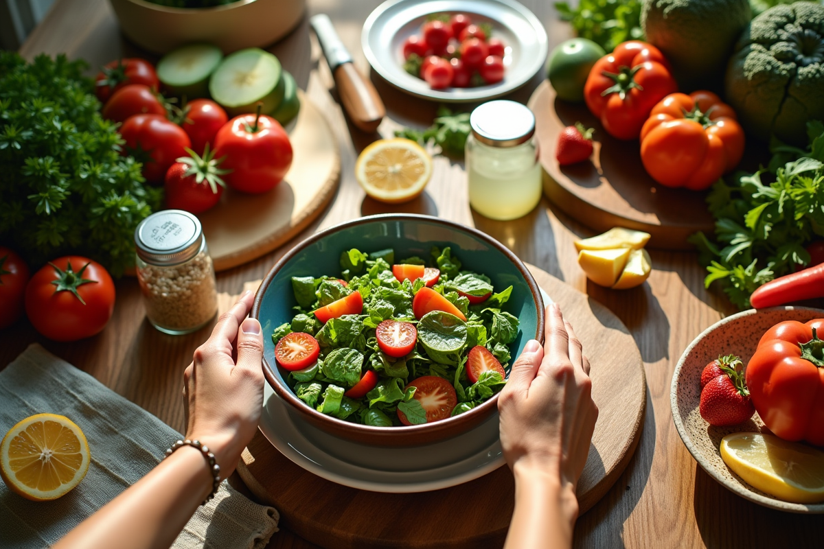 Vue plongeante sur un repas sain avec fruits et légumes sur la table