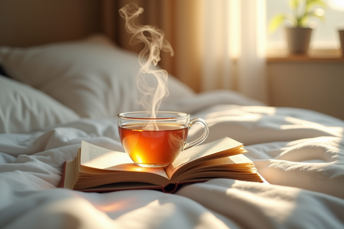 Tasse de tisane et livre de conseils sommeil au matin