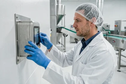 Technicien agroalimentaire inspectant un aérobiocollecteur en acier inoxydable sur une ligne de production alimentaire sécurisée