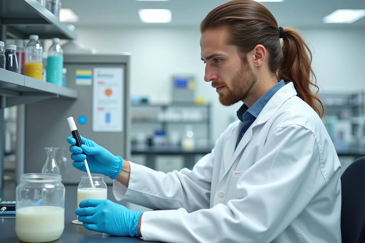 Technicien en blouse blanche pipetant un &eacute;chantillon de lait