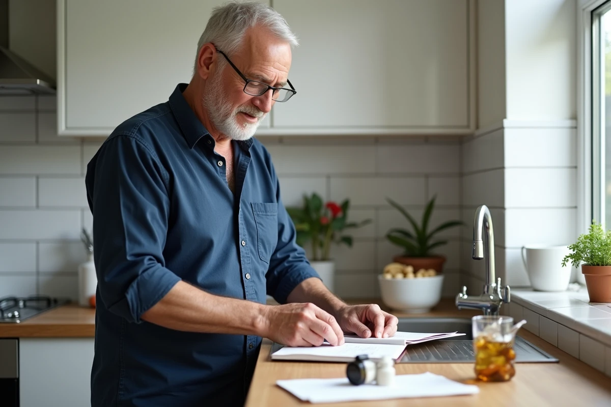 Homme gérant son traitement naturel contre les vertiges et la maladie de Ménière dans sa cuisine
