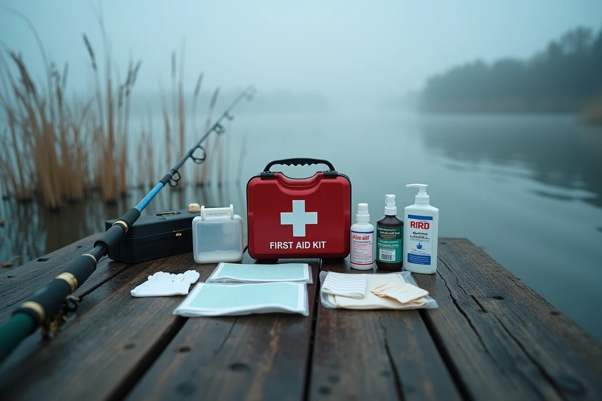 Trousse de premiers secours ouverte sur un ponton de p&ecirc;che avec mat&eacute;riel de d&eacute;sinfection