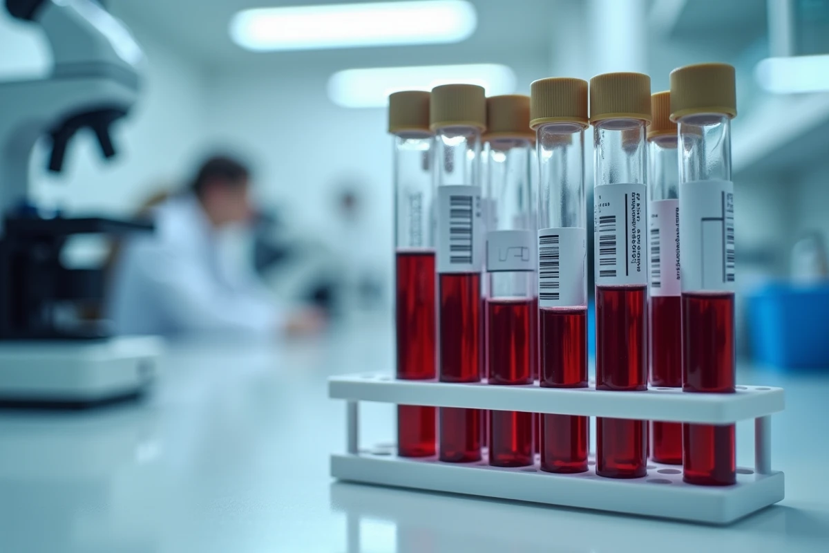 Tubes de prélèvement sanguin étiquetés dans un rack de laboratoire d'hématologie pour analyse de la macrocytose