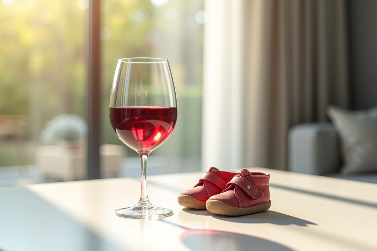 Verre de vin rouge et petites chaussures de bébé sur une table
