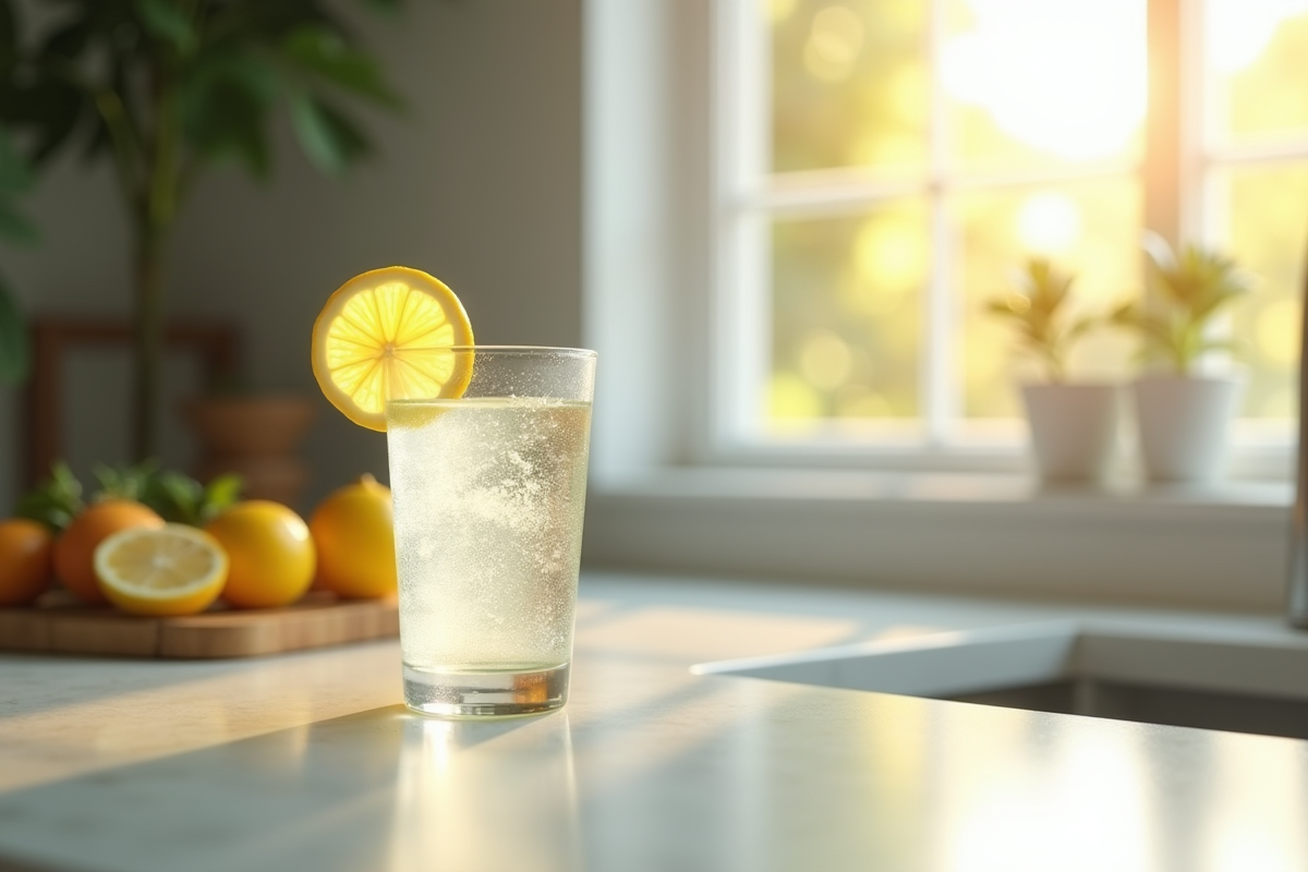 Verre d'eau citronnée fraîche sur un comptoir lumineux