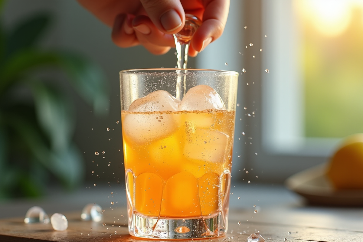 Main versant une boisson électrolytique dans un verre en gros plan